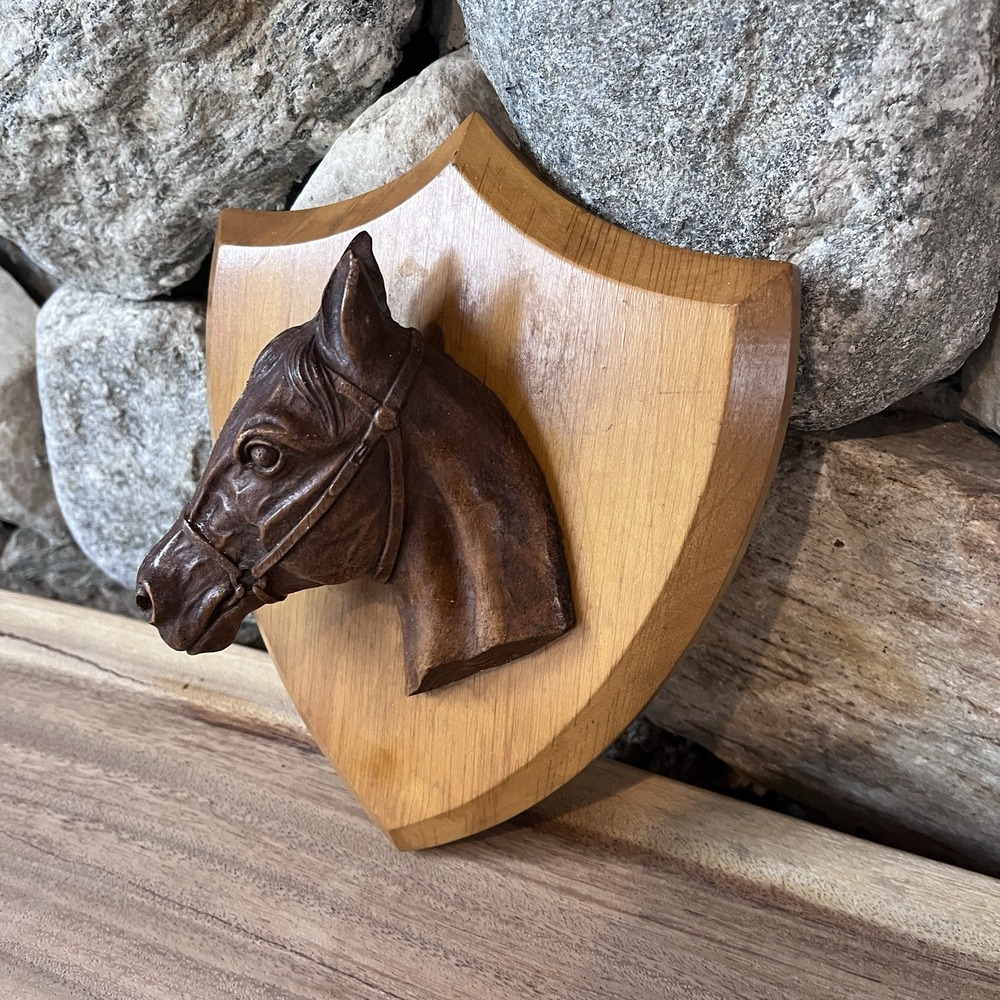 Vintage 1950s M 3D HORSE HEAD Plaster? Mounted Wall Plaque On Wood Shield